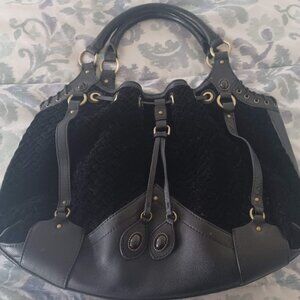 Cole Haan Black Woven Velvet Leather Shoulder Bag Satchel Purse Gold Studs Boho